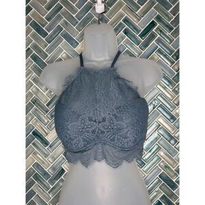 VICTORIA'S SECRET 'PINK' HIGH NECK BLUE LACE PUSH UP PADDED RACERBACK BRA MEDIUM